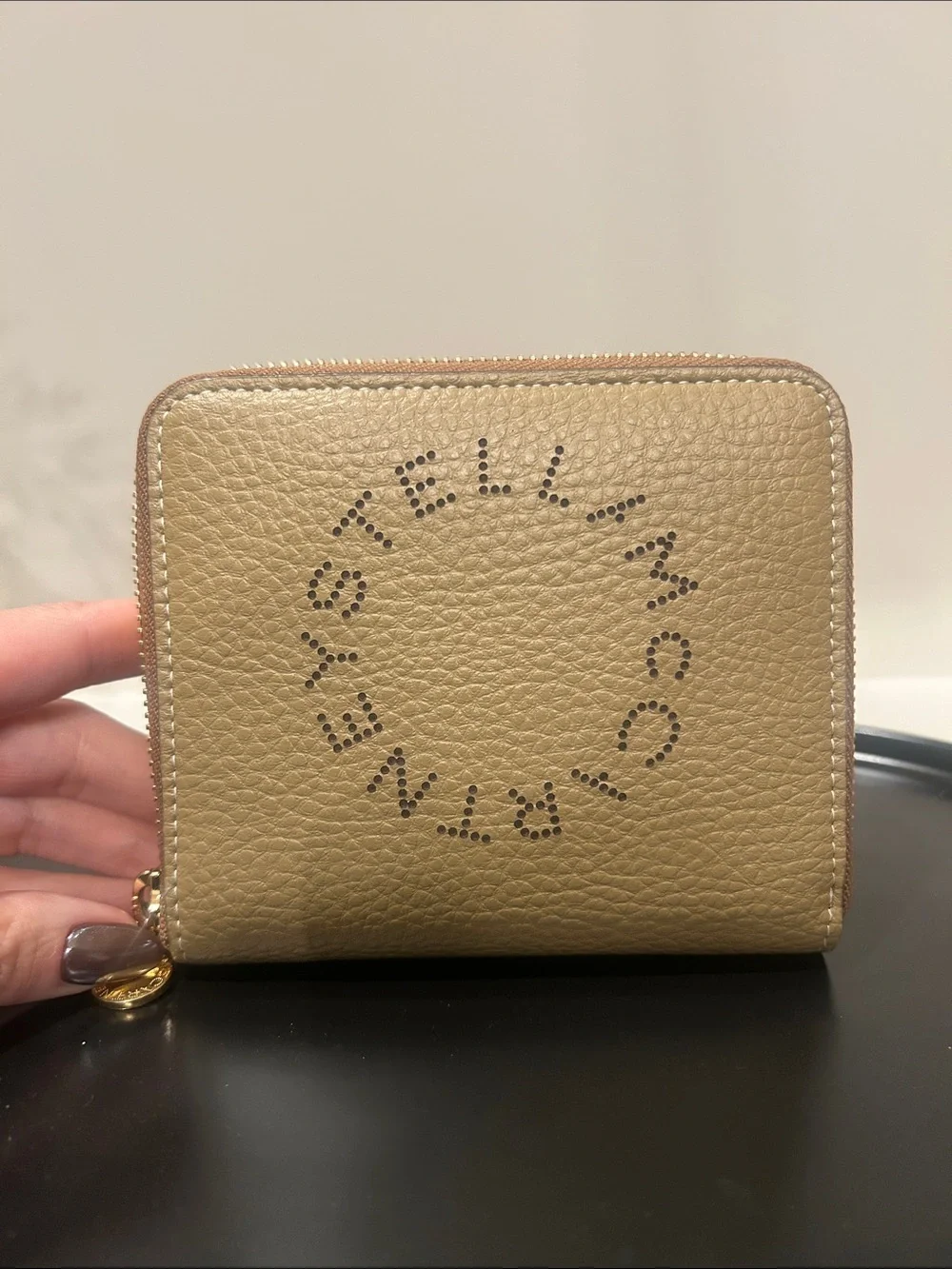 Stella McCartney Beige Tan Perforated Logo Zip Wallet